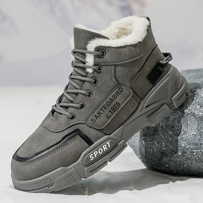 Mid-Top Fleece-Lined Comfortable Warm Gripper Sole Casual Winter Boots for Men and Women, Striped Design. Suitable for Extreme Cold Weather Snowy Conditions with Thick Insulation Lace Closure Anti Slip Durable PVC Outsole Hun