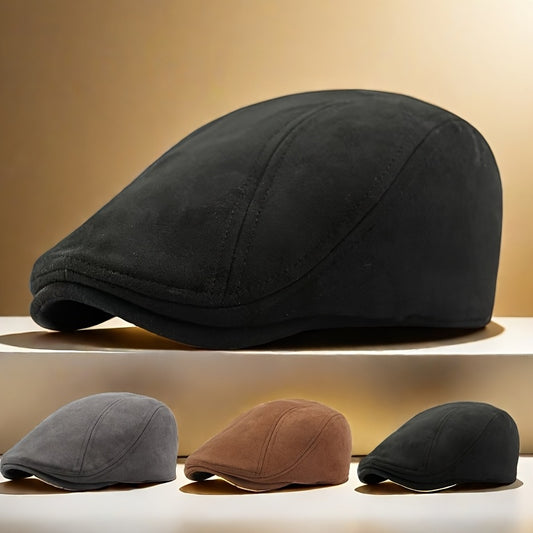 Vintage-Inspired Solid Color Suede Velvet Beret Cap, Unisex Casual British Warm Duckbill Hat, Lightweight, Fitted, with Toggle Closure, Woven Polyester for Spring/Autumn, Outdoor, Artsy