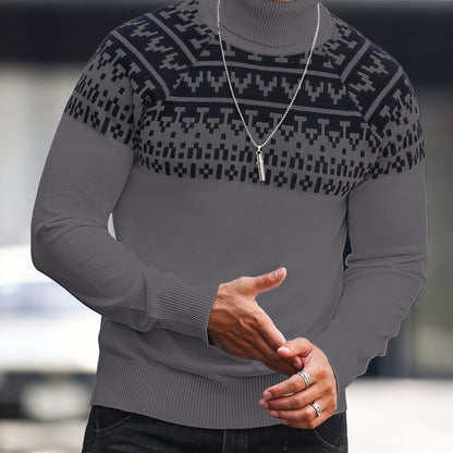 Տղամարդու երկրաչափական գրաֆիկական նախշերով տրիկոտաժե սվիտեր, աշնանային ձմեռային երկար թևքով կրիայով վզնոցով, բացօթյա հագուստի համար