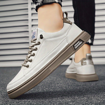 Men's Casual Low-Top Sneakers in Light Beige - Versatile All-Season White Shoes with Elastic Laces, Durable PU Upper & PVC Sole, Comfortable Fabric Insole for Casual Attire