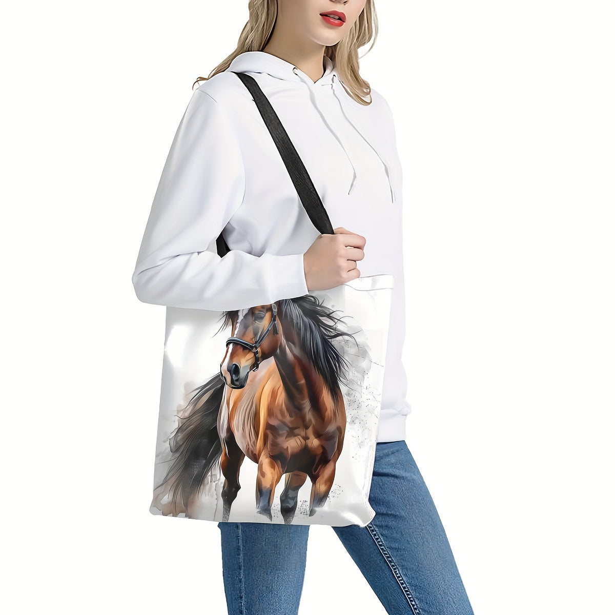 Dynamic Horse Print Handbag - Large Capacity, Durable Polyester Handbag with Fixed Black Strap for Work,, Shopping - 39.98x34.9cm
