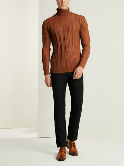 Men's Mature Slim-Fit High-Neck Long-Sleeve Sweater, Casual Ribbed Knit Pullover Solid Color Sweater, Men's Winter Clothing, Men's Sweater, Christmas Sweater, Men's Christmas Sweater, Winter Men's Apparel, New Year's Apparel,