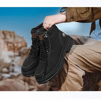 Men's Trendy Solid Ankle Boots, Comfy Non Slip Lace Up Durable Shoes for Men's Outdoor Activities