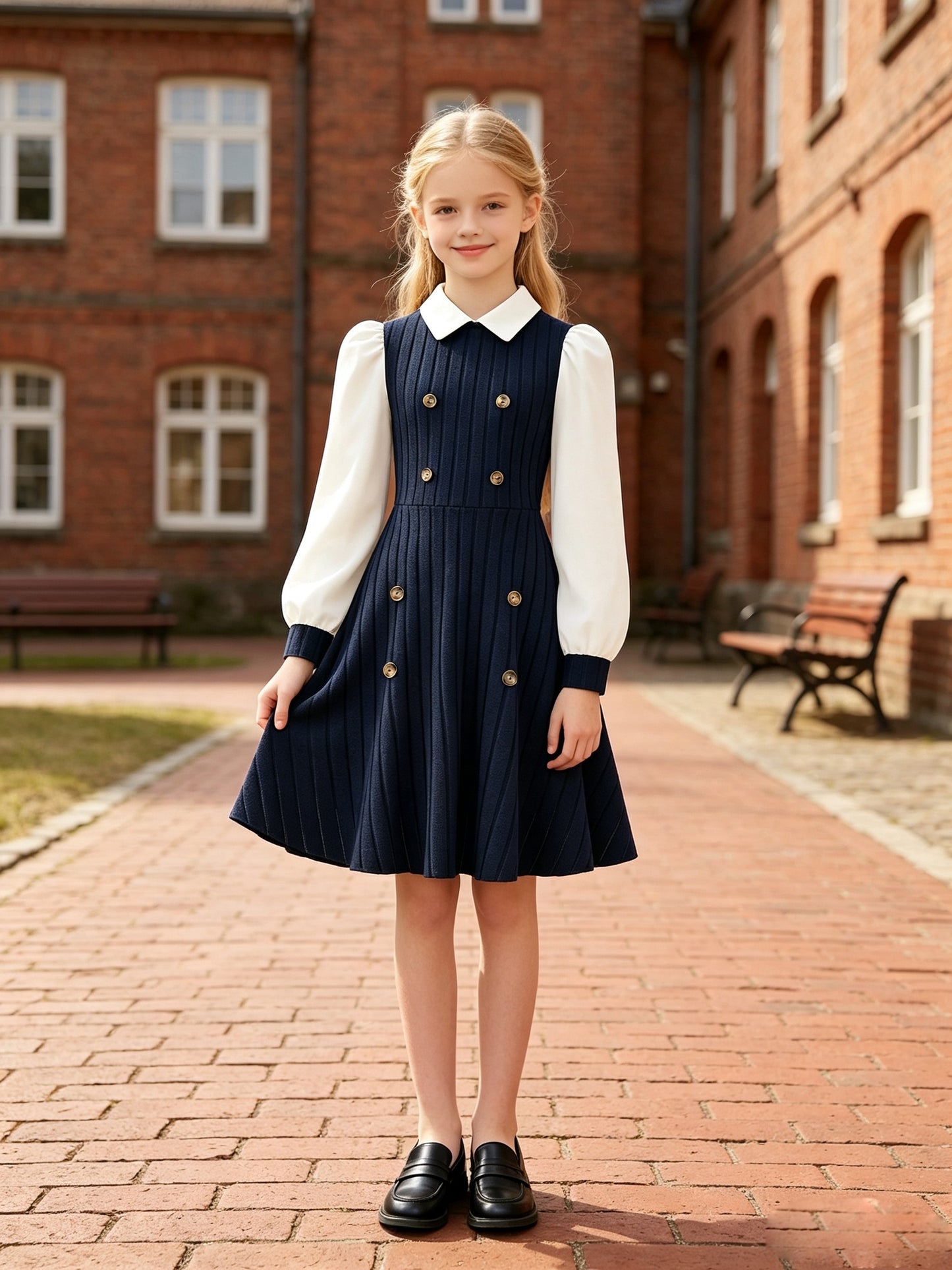 Girls' Preppy Knit A-Line Dress for Autumn & Spring