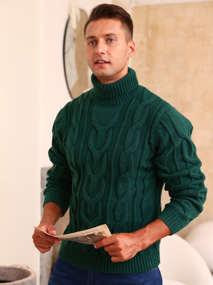 Men's Winter Knit Sweater Thickened Warm High Neck Pullover - Soft Cable Knit Design Solid Color Casual Cold Weather Sweaters for Office & Casual Attire (Regular Fit)