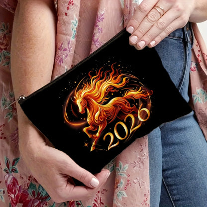 2026 Year of the Horse Chinese New Year Makeup Bag - Large Capacity Golden Horse & Red/Golden Auspicious Patterns Case, Durable Zipper Closure, Beige Gift for /, /Guys, Lunar New Year or Horse Lover Present