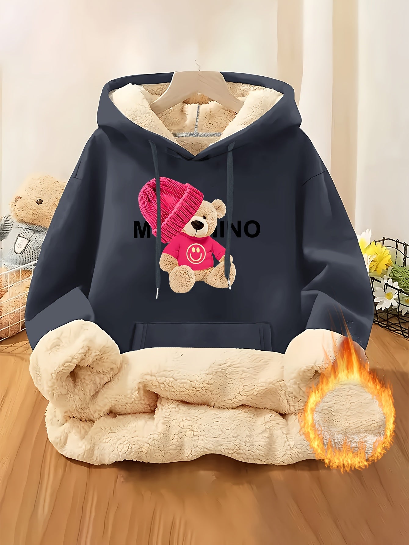 Women'S Thick Fleece Hooded Sweatshirt with Cute Bear Print & Plush - Cozy Winter Warmth, Drawstring Hood & Pockets, Casual Retro Style, Machine Washable For Fall/winter Commuting & Daily Wear, Winter Sweatshirt, Seasonal Fas