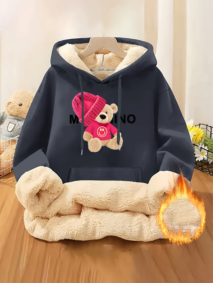 Women'S Thick Fleece Hooded Sweatshirt with Cute Bear Print & Plush - Cozy Winter Warmth, Drawstring Hood & Pockets, Casual Retro Style, Machine Washable For Fall/winter Commuting & Daily Wear, Winter Sweatshirt, Seasonal Fas