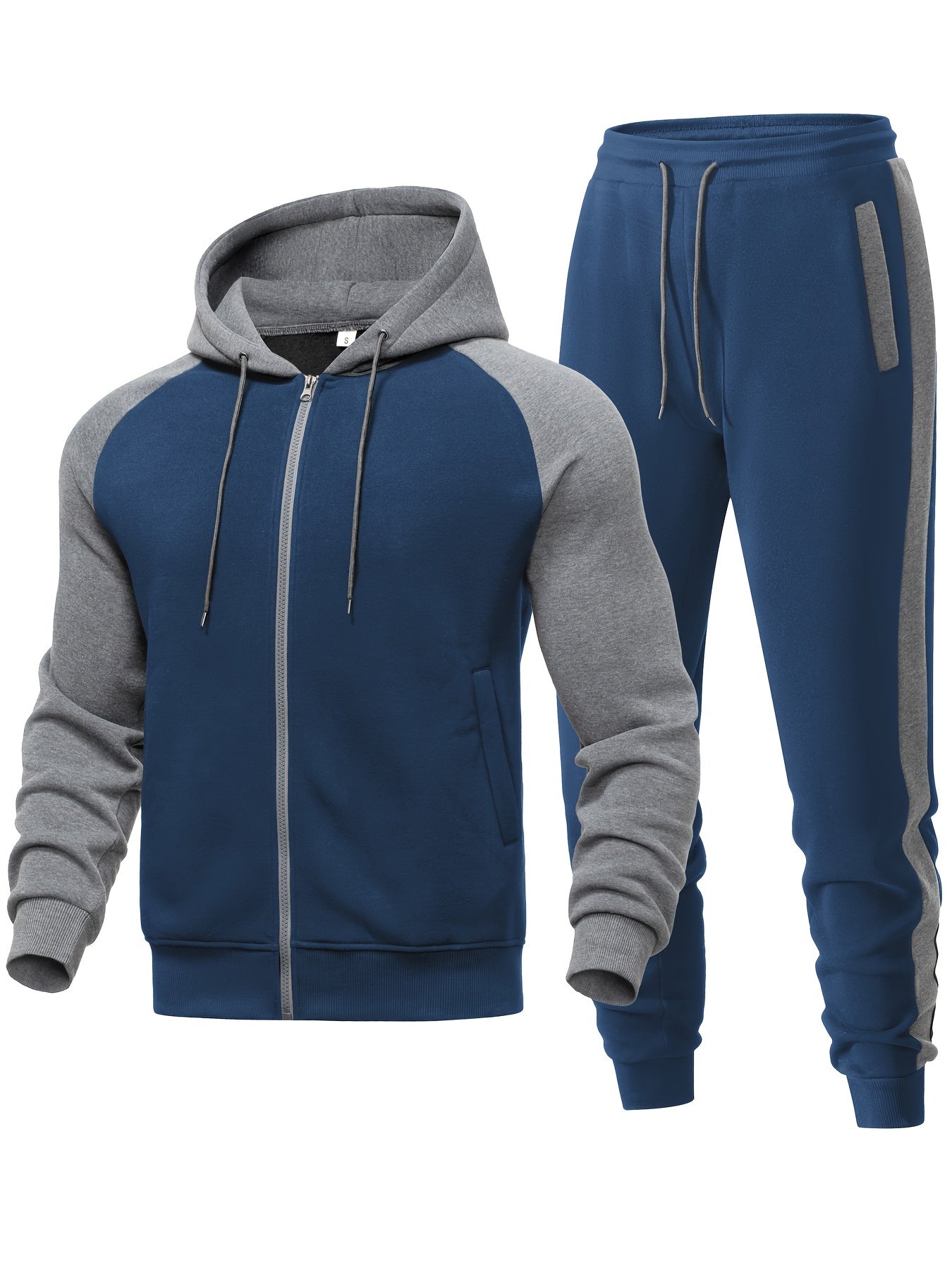 Men's Casual Sports Hoodie Two-Piece Set Four Seasons Color-Matching Zipper Drawstring Waist Jogging Suit - ayq