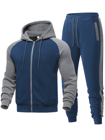 Men's Casual Sports Hoodie Two-Piece Set Four Seasons Color-Matching Zipper Drawstring Waist Jogging Suit - ayq