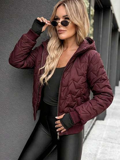 Women's Short Quilted Hooded Jacket with Ribbed Cuffs