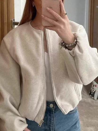 Women'S Elegant Pilot Jacket - Beige Bomber Style Short Coat with Pockets, Zip-Up, Long Sleeves, Loose Fit for Casual & Weekend Wear, Casual Wear Jacket | Bomber Jacket | Polyester Fabric