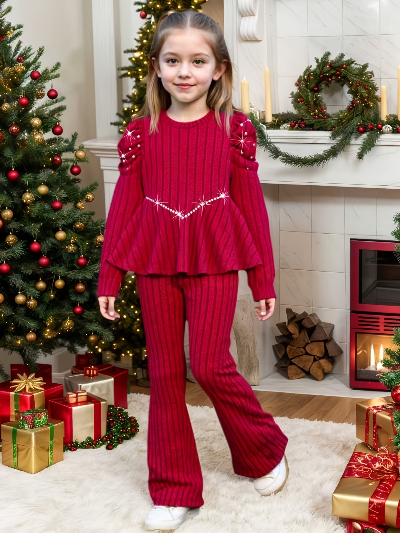 Երիտասարդ աղջիկների նորաձև, առօրյա, միագույն, գծավոր, ուլունքավոր, ծալքավոր ուսերով, երկար թևքերով, կլոր վզնոցով, V-ձև, միջին բարձրության սուլովեր՝ համապատասխան առաձգական գոտկատեղով, լայնացած տաբատով՝ բացօթյա օգտագործման համար