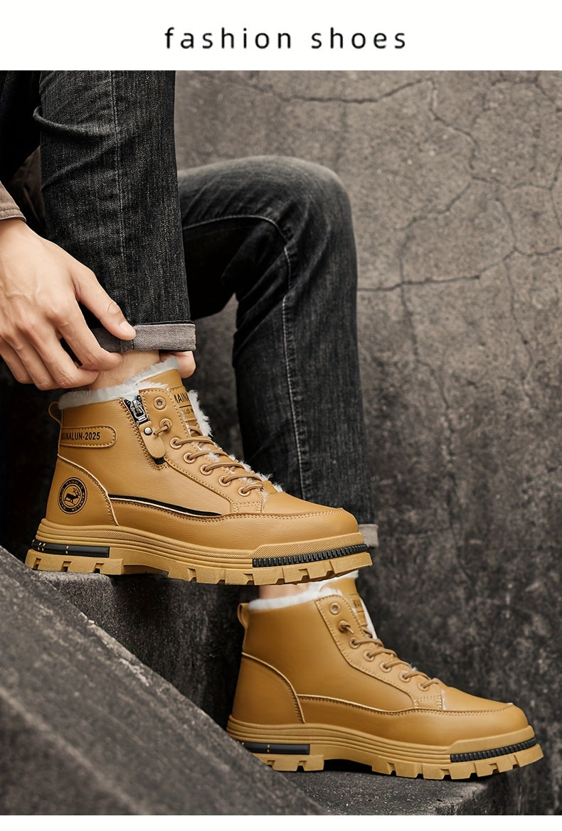 Men's Vintage Casual Fleece-Lined Snow Boots - Brown Faux Cover with Black Accents, Lace-Up Design, Thick PVC Sole for Winter & Fall, Round Toe Comfort, Everyday Winter Footwear, Winter Boots,  Style Boots, Durable Winter Foo