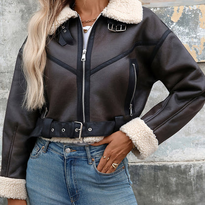 Կանացի աշուն/ձմեռ փողոցային ռետրո ոճի գոտիով, կայծակաճարմանդով, հաստ, կարճ արհեստական ​​գառան մորթուց վերարկու