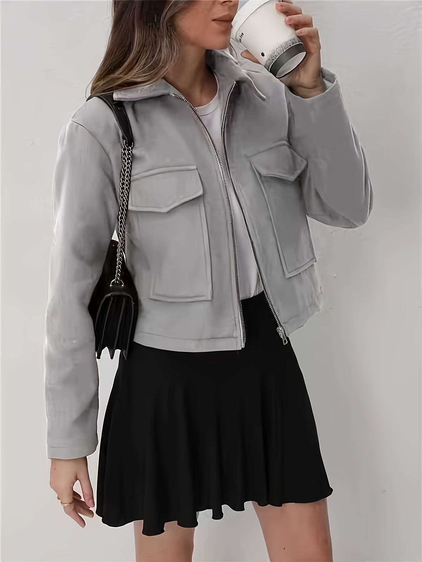 Women'S Olive Green Bomber Jacket with Zipper Front, Long Sleeves, and Pockets - Casual Style, All-Season Wear, Polyester Blend, Machine Washable, Casual Outerwear | Zippered Jacket | Polyester Blend Jacket, High Neck Hoodie/