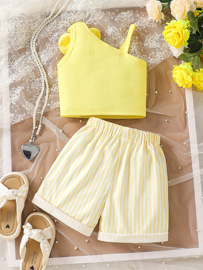 Girls Summer 2-Piece Off-Shoulder Top & Striped Shorts Set