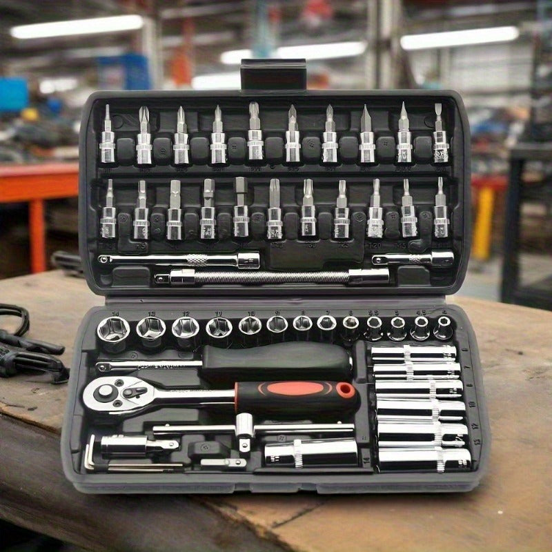 53pcs -in- Heavy-Duty Multi-Tool Kit Suitable for Car & Motorcycle Repair - Chrome-Vanadium Manual Tool Set with 53 Tools (Wrenches, Sockets,) in Black Case for Mechanics, DIY, Auto Maintenance