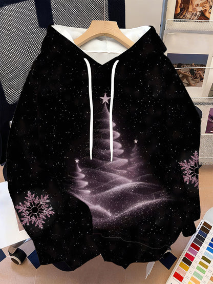 Women's Sparkling Glitter Christmas Tree & Snowflake Print Hooded Sweatshirt - Winter Snowflake Pattern Pullover Sweater with Drawstring Hood, 100% Polyester Machine Washable Cozy Casual Sweater for Xmas Parties & Cold Weathe
