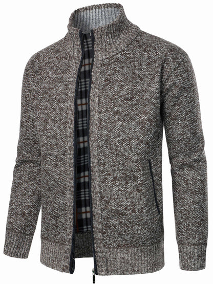 1pc Men'S Casual Style Knit Cardigan - 100% Polyester, Solid Color, Long Sleeve, Regular Fit, Stand Collar, Zip-Up, Umbrella Hem, Non-Stretch Fabric - Fashionable All-Match Pullover for Autumn/Winter