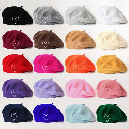 Women's Wool Beret Hat with Rhinestone Heart - Lightweight Warm