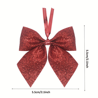 60pcs Elegant Red & Golden Glitter Mini Bows with Golden Ribbon - Durable Polyester Christmas Tree Decorations, Wreaths, Gift Wrapping, Crafts - Shiny Glossy Bows with Sharp Tip for DIY, Party Decorations, Holiday Ornaments (