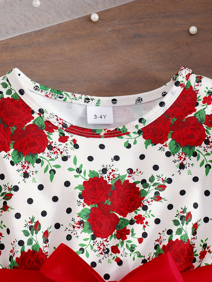 COVIVIKY Girls' Elegant Long Sleeve Party Dress with Puff Skirt & Sheer Panel - Knee-Length A-Line Wedding Prom Dress, Belted Waist Bow & Netting Trim, Hand Washable Winter Formal Gown for Girls (Age 4-12)