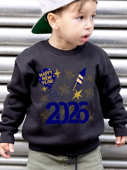 Boys' 2026 New Year Rocket & Fireworks Print Sweatshirt - Winter Warm Long Sleeve Sweater with 2026 Number Design, Casual Round Neck Pullover for Christmas & Parties ( to)