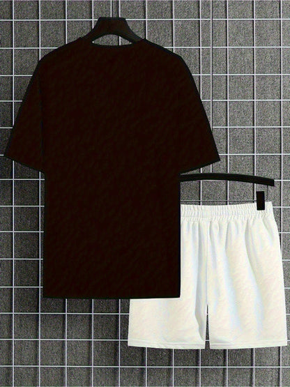 New Summer Men's Printed 2pcs Fashion Casual Suit, Round Neck Short Sleeve T-shirt and Waistband Shorts Set