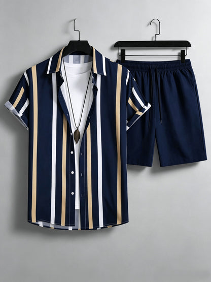 Men's Summer Casual Set: Striped Short-Sleeve Shirt & Beach Shorts