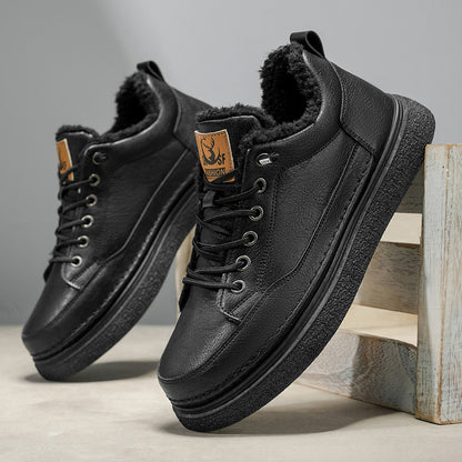 Men's Winter Warm PU -Like Hiking Sneakers with Plush -Like, EVA Cushioned Sole & Rubber Traction Tread - Low-Top Lace-Up Outdoor Shoes for Ice, Snow, Casual Wear (Black/Brown) - Cold Weather