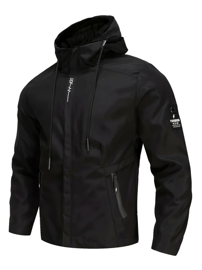 Men's Casual Windproof Hooded Jacket with Embroidery Detail, Long Sleeve Zip-Up Polyester Coat for Spring and Autumn