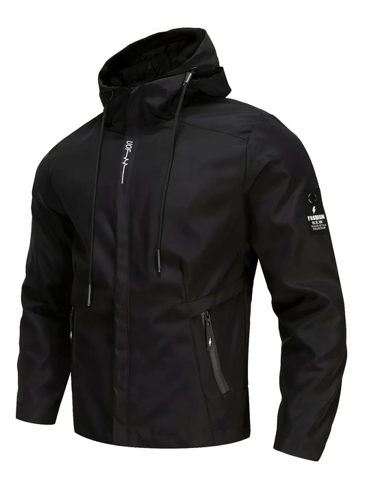 Men's Casual Windproof Hooded Jacket with Embroidery Detail, Long Sleeve Zip-Up Polyester Coat for Spring and Autumn