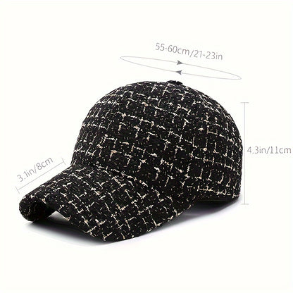 1pc Trendy Black & White Checkered Baseball Cap with Sparkly Golden Embroidery - Stylish Sun Protection Hat for Spring and Fall, Hand Wash Only, Polyester Material, Casual Wear Hat | Checkered Pattern Cap | Woven Texture Cap