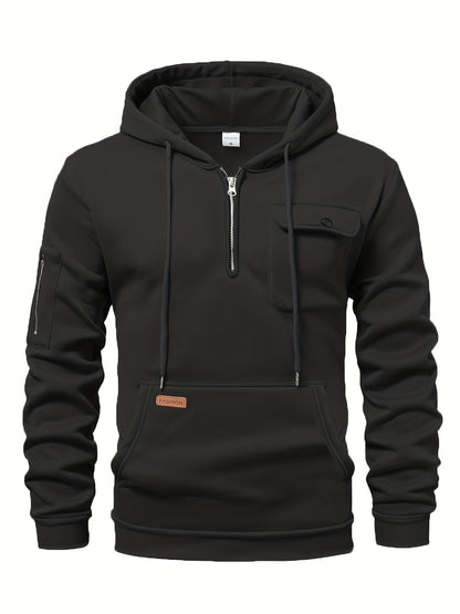 Men'S Minimalist Red & Christmas Tree Print Hooded Sweatshirt - Long Sleeve Casual Pullover with Piping, Regular Fit Winter Warmth for Holiday Parties, Outdoor Activities & Casual Attire, Christmas Sweatshirt, Seasonal Fashio