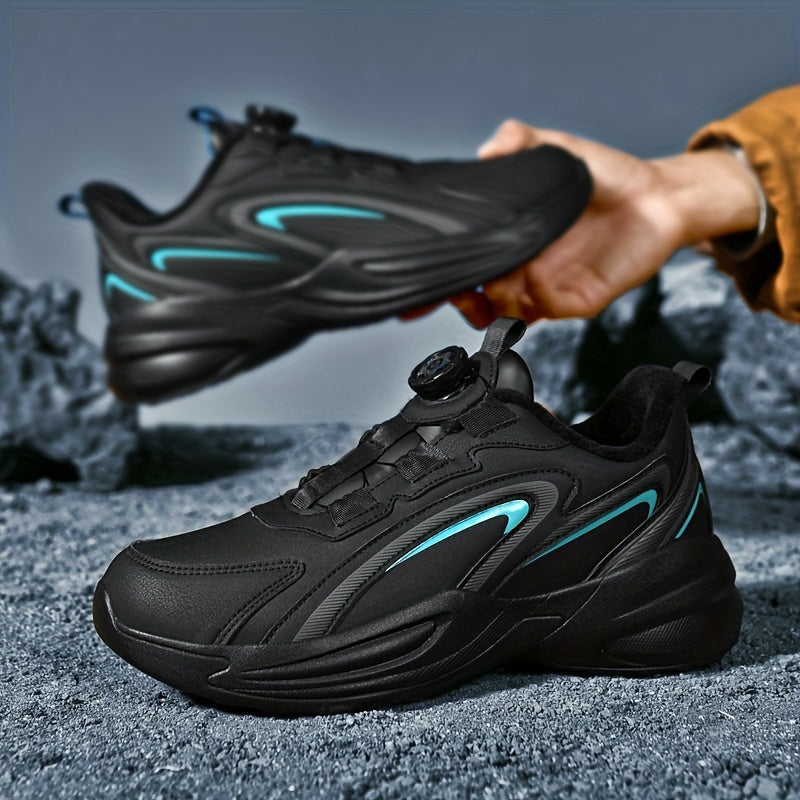 Men's Warm Fleece-Lined Casual Running Shoes - Stylish Black with Blue & Turquoise Accents, Durable Rotating Buckle Closure, Comfortable Non-Slip Sole for Hiking & Outdoor Activities, Fall/Winter