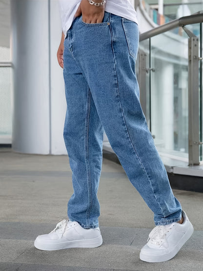 Men's Classic Straight-Leg Denim Jeans - Casual Style, Non-Stretch, Machine Washable, Solid Light Blue, Cotton/Polyester Blend, All-Season Wear, Comfortable Clothing|Timeless Style|Nonstretch Jeans