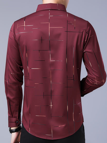Elegant Men's Maroon Striped Long Sleeve Dress Shirt - Sophisticated Black & Golden Print, Breathable Polyester, Casual Comfort Fit with Classic Collar and Button-Up Front for Casual Attire