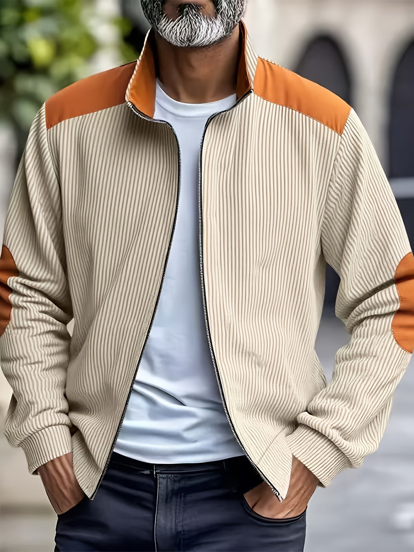Men'S Long Sleeve Patchwork Fashion Warm Jacket, Corduroy Long Sleeve Warm Coat with Zipper Stand Collar Long Sleeve Casual Comfortable Autumn and Winter Style