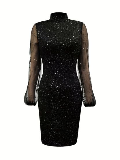 Women' Elegant Shimmering Party Dress with Sheer elbow Sleeves - Form-Fitting Partywear Dress for Night Out, Prom, Wedding Guest - Hand Washable Round Neck Dress (No dry) - Spring/Autumn & Year-Round Wear - Moderate Elasticit