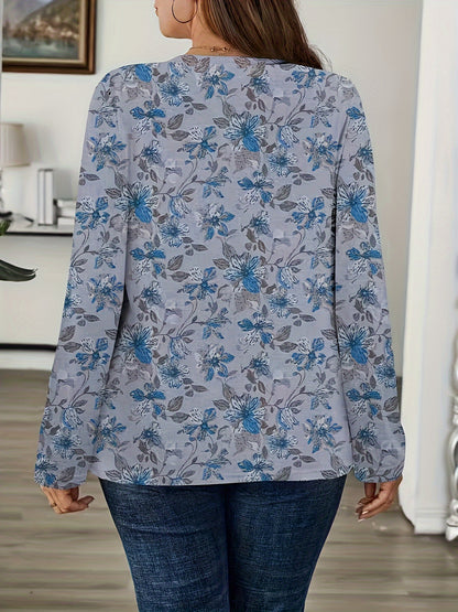 1pc Elegant Plus Size Floral Print Long Sleeve T-Shirt, Casual Crew Neck Polyester Top with Slight Stretch, All-Season Knit Fabric Blouse