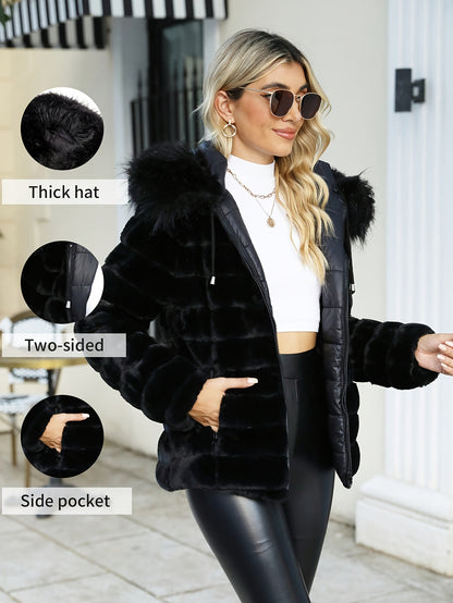 Women'S Heavyweight Winter Coat - Dual-Sided Reversible Jacket with Full-Zip Front, Hooded Collar, Two-Way Zipper Closure - Warm Outerwear for Cold Weather, Office, Travel - Elegant Brown Coat (Size & Wash Label in Pocket), L