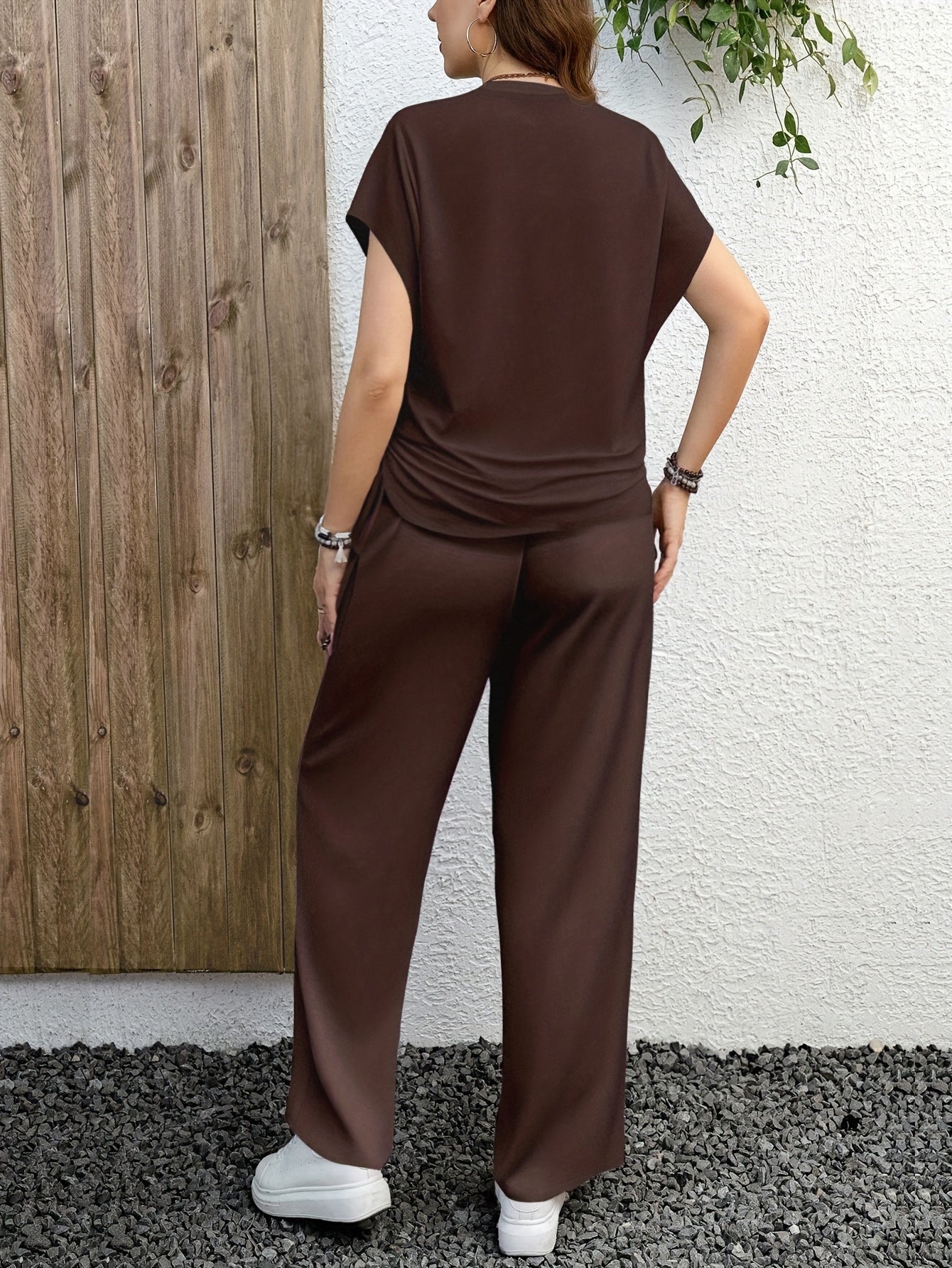 Solid Color Casual Drawstring Pleated Two-Piece Set, Casual Pullover T-Shirt + Loose Pants Outfit, Spring/Summer Collection, Suitable for Daily Wear, Stretch Fabric, Machine Washable - ayq