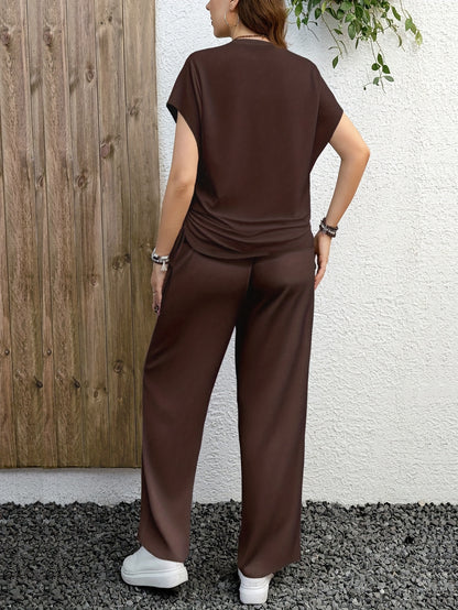 Solid Color Casual Drawstring Pleated Two-Piece Set, Casual Pullover T-Shirt + Loose Pants Outfit, Spring/Summer Collection, Suitable for Daily Wear, Stretch Fabric, Machine Washable - ayq