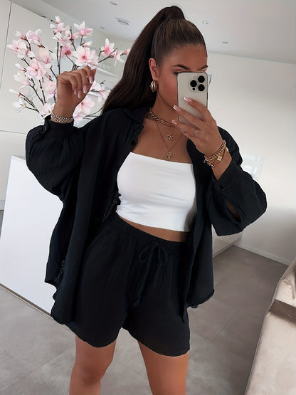 Women's Cotton Cardigan & Shorts Set Casual Long Sleeve