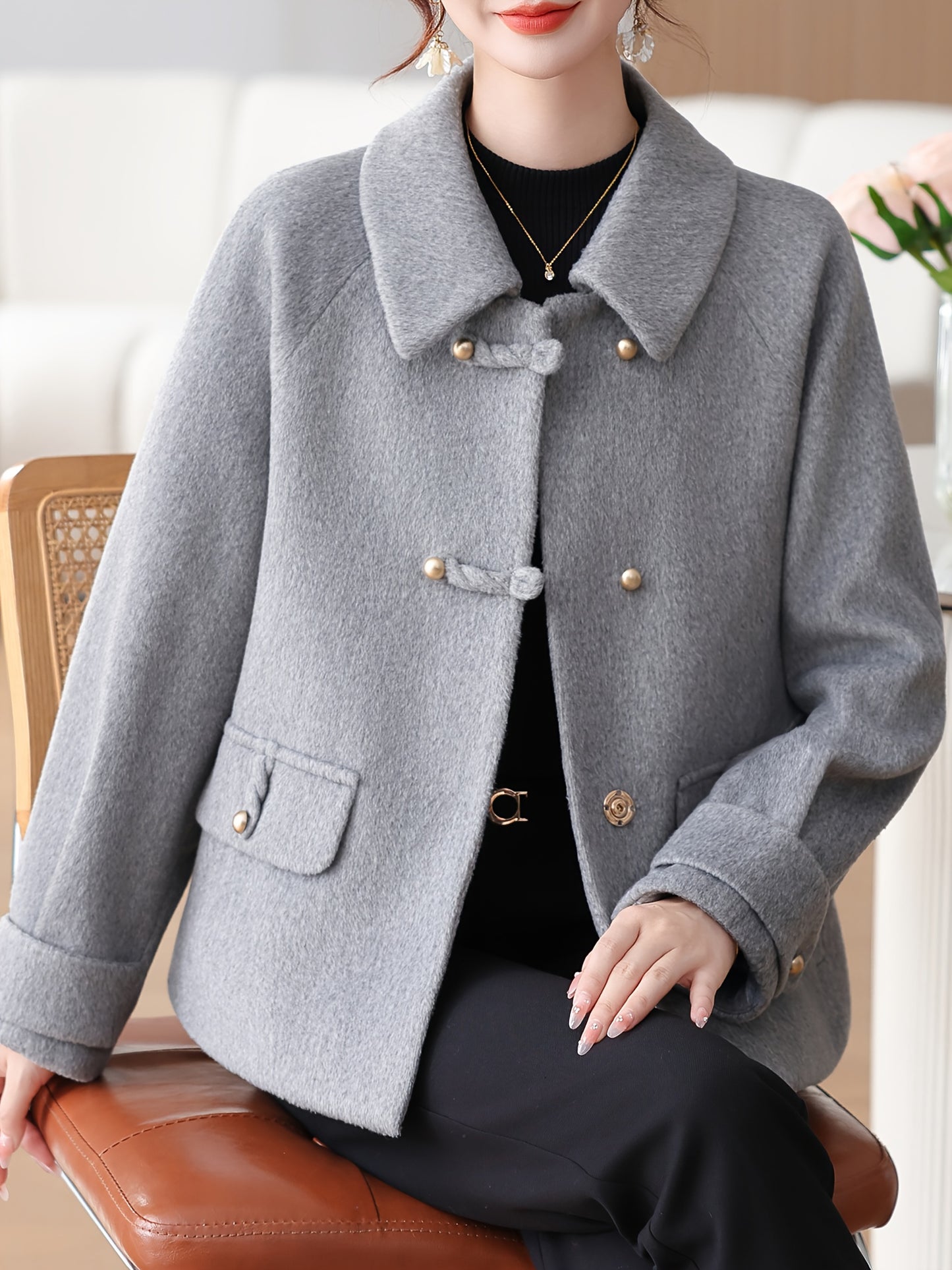 Snow Evening Women's 2025 New Winter Jacket - Short Wool-Blend Tweed Coat for Moms & Seniors, Thickened Warm Collar with Golden Buttons, Elegant Cold-Resistant Outerwear, Hand Washable (Grey/Black) - Professional & Casual Win