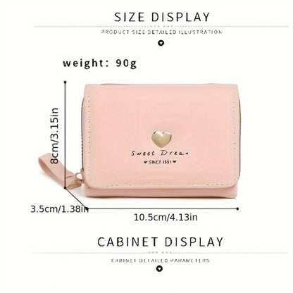New Women'S Short Wallet, Cute Korean-Style Heart-Shaped, Large Capacity with Multiple Card Slots, Trendy Tri-Fold Design.
