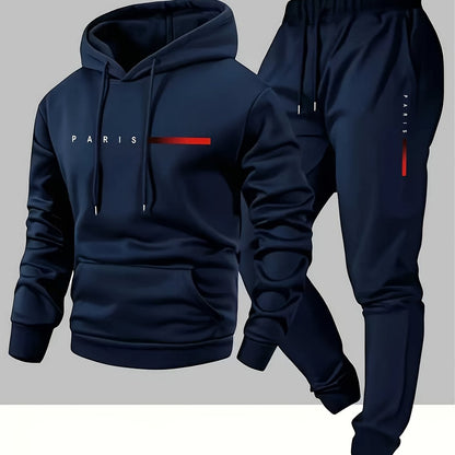 Halloween Men'S Hoodie with PARIS Lettering And Drawstring Sweatpants Set, a Must-Have Outfit for Autumn And Winter, Perfect for Everyday Outdoor Wear - ayq
