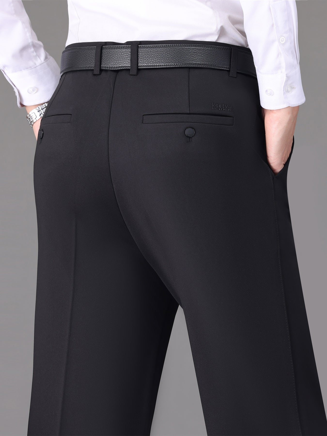 [Lightweight Design] Men's High-Waist Stretch Dress Pants - Wrinkle-Resistant, Dark Blue Business Casual with Pockets, Straight Leg Fit for Spring/Fall