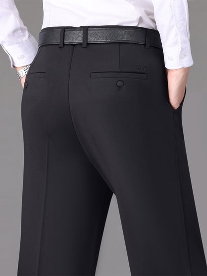 [Lightweight Design] Men's High-Waist Stretch Dress Pants - Wrinkle-Resistant, Dark Blue Business Casual with Pockets, Straight Leg Fit for Spring/Fall